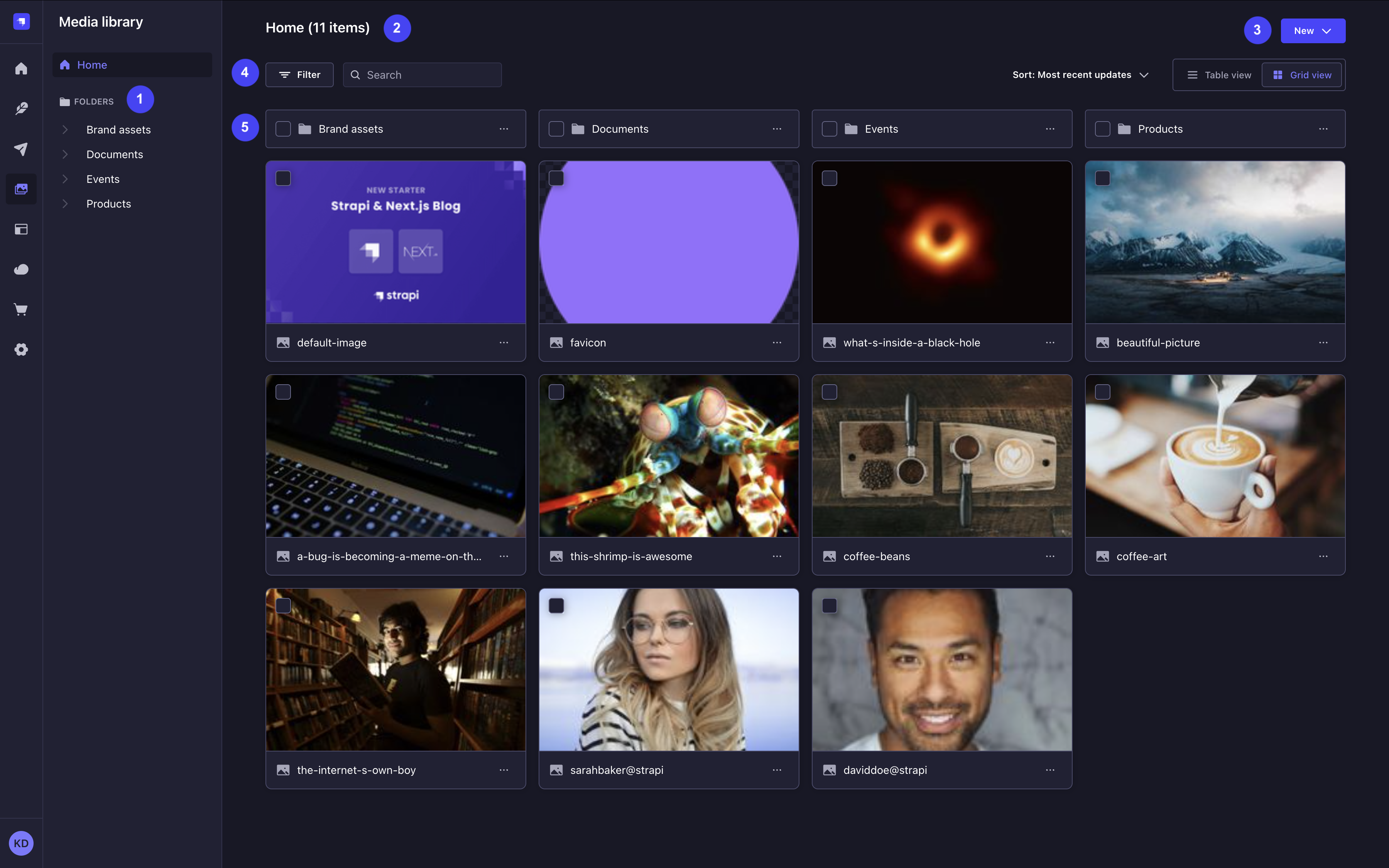 Media Library interface, with its 5 areas numbered
